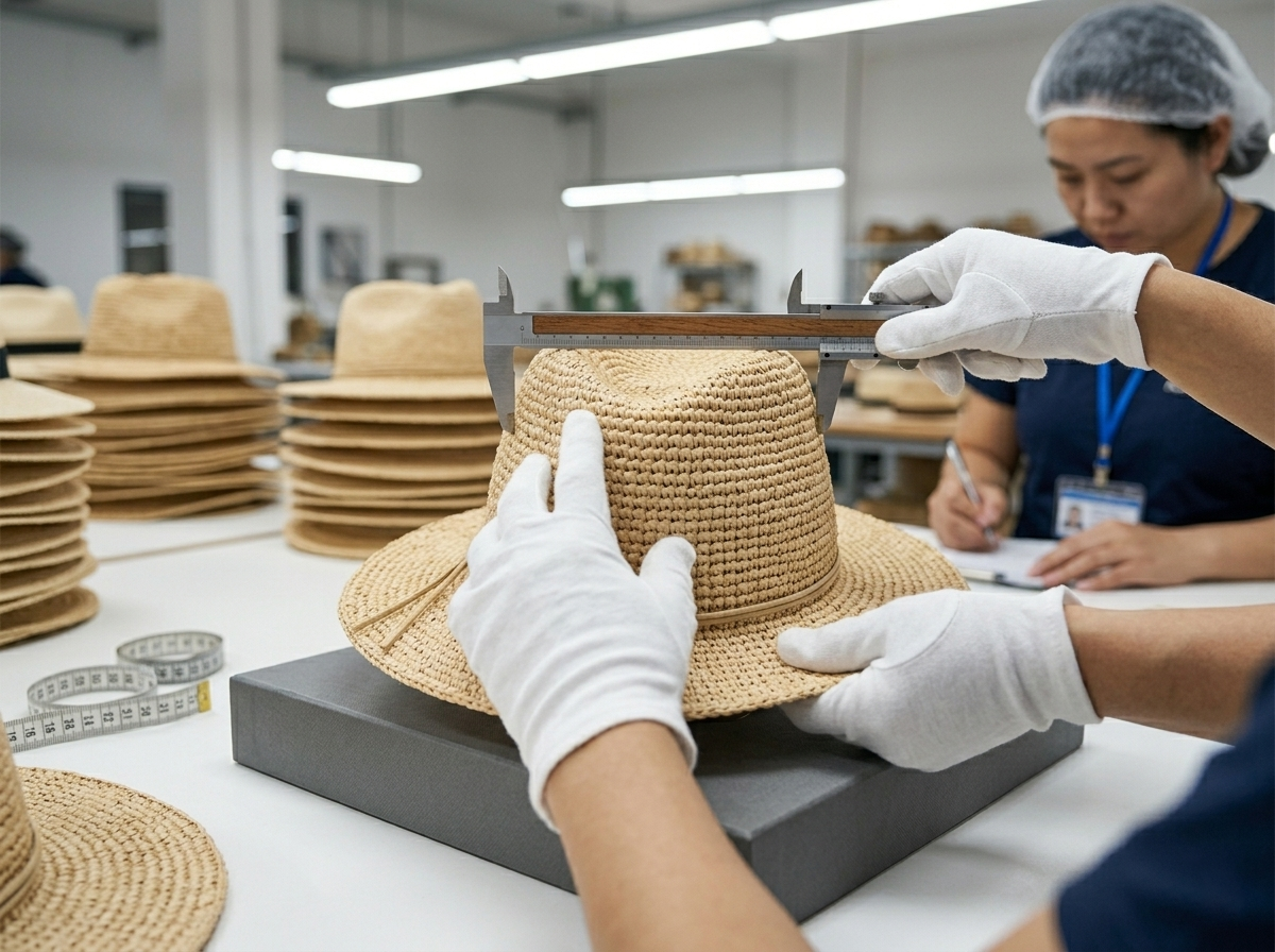 Professional quality control inspection of raffia Panama hats in factory environment