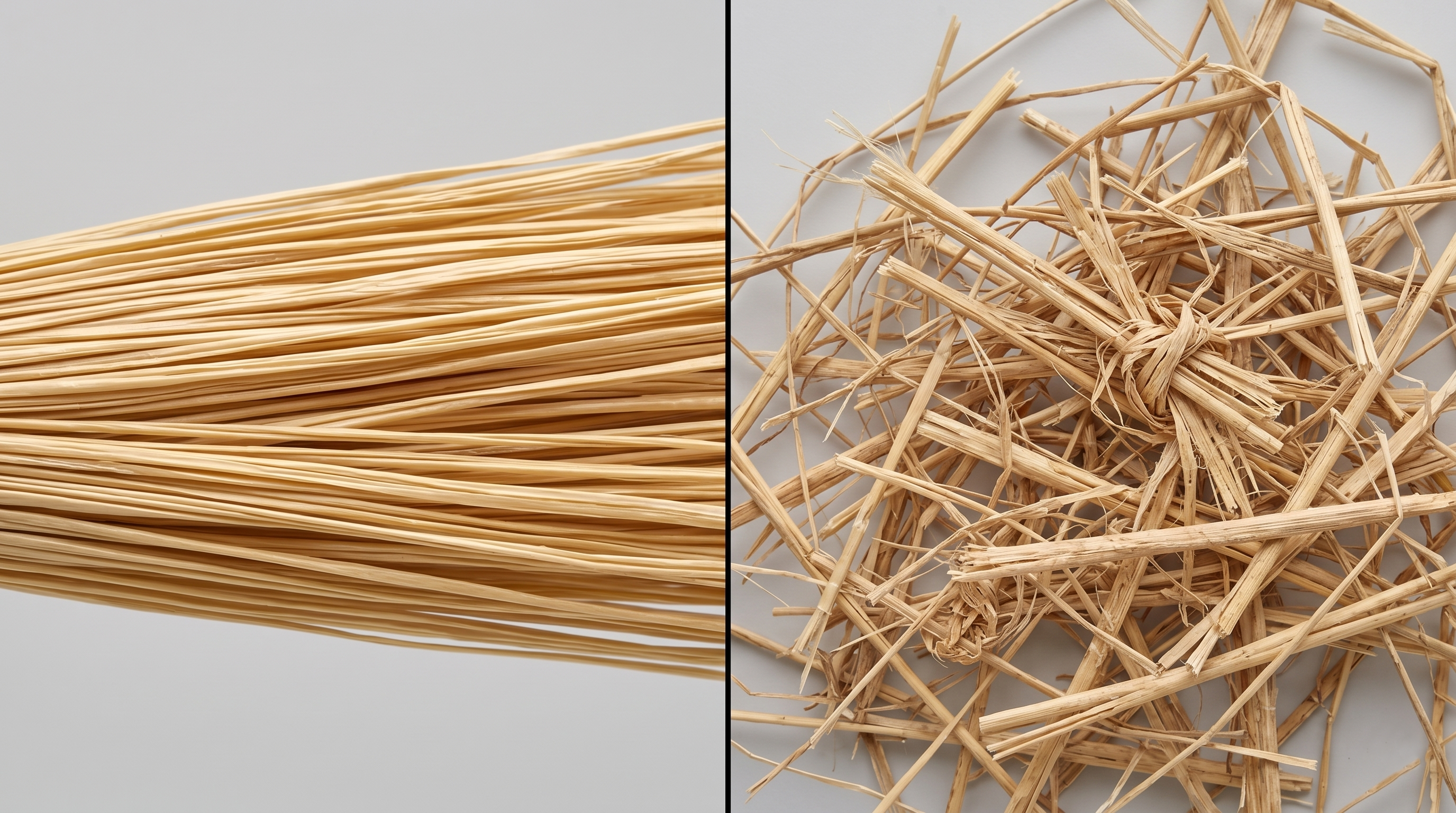 Macro comparison between premium raffia fibers and low-grade raffia fibers