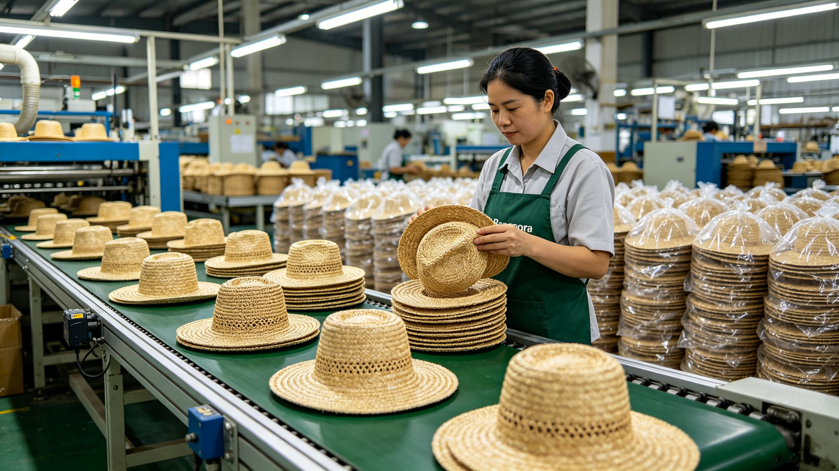 OEM Straw Hats production line inside a professional Straw Hat Manufacturer and Hat Factory China