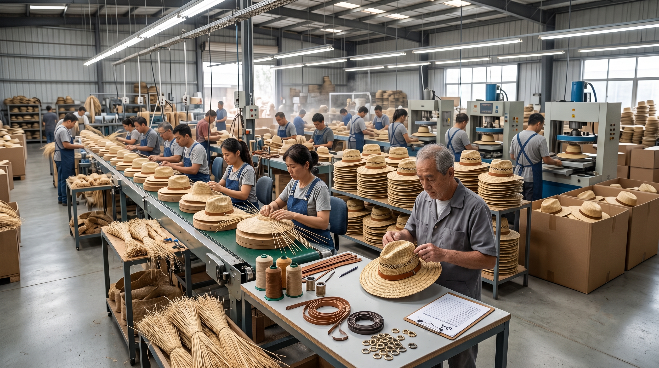 Workers producing wholesale lifeguard straw hats inside a modern hat manufacturing factory
