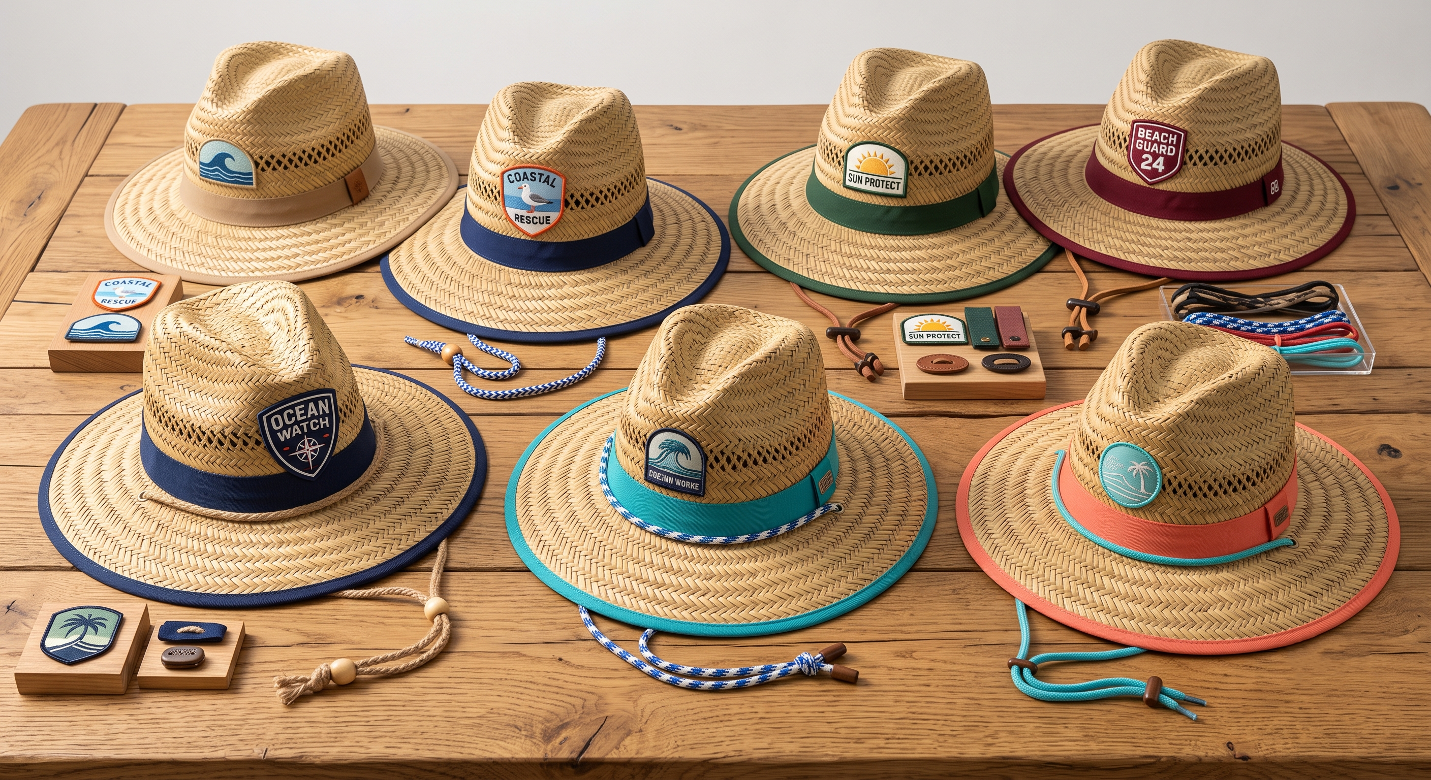 Custom lifeguard straw hats with different hatbands and logo options