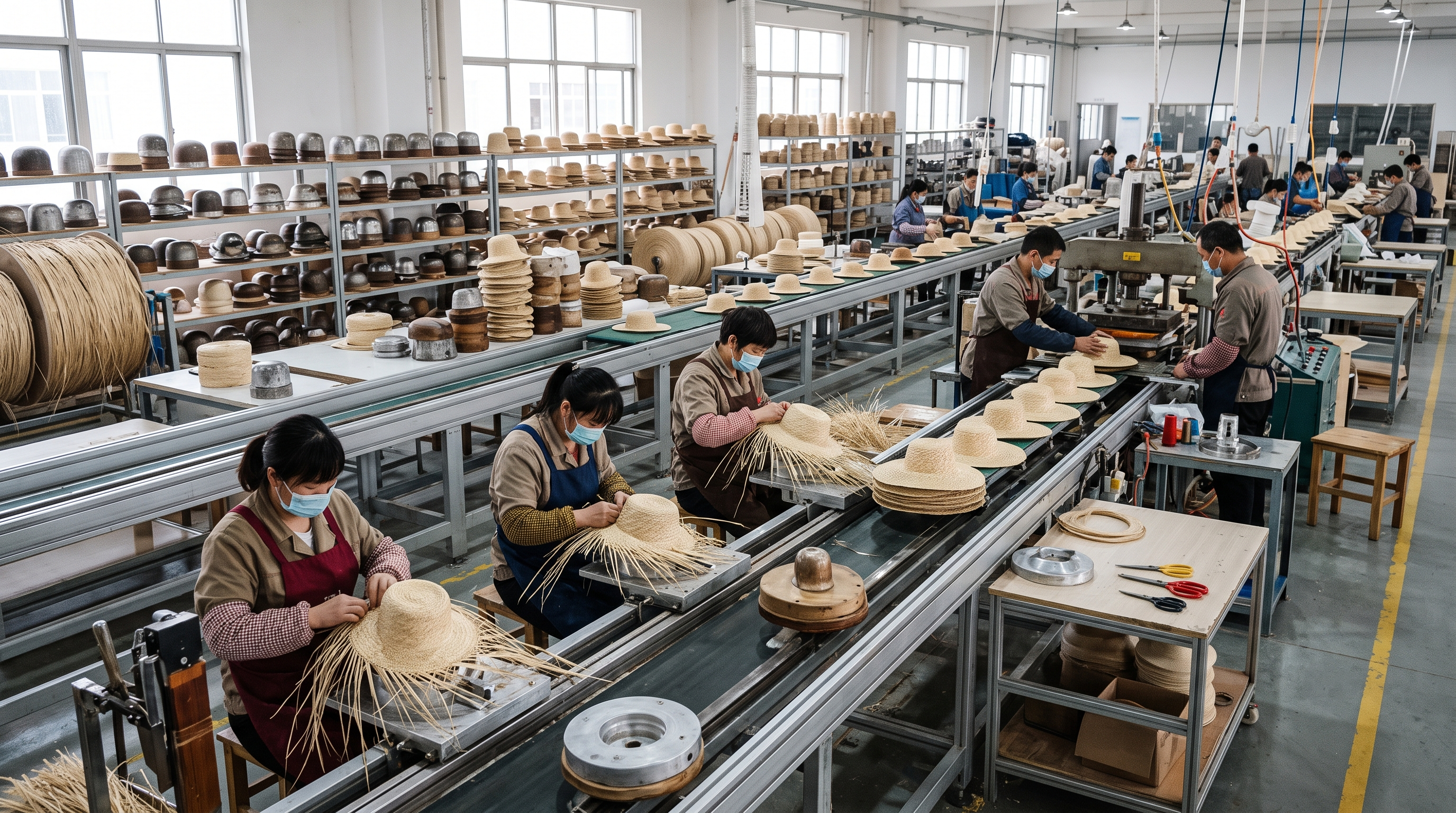 Workers producing high quality straw hats in a professional straw hat factory